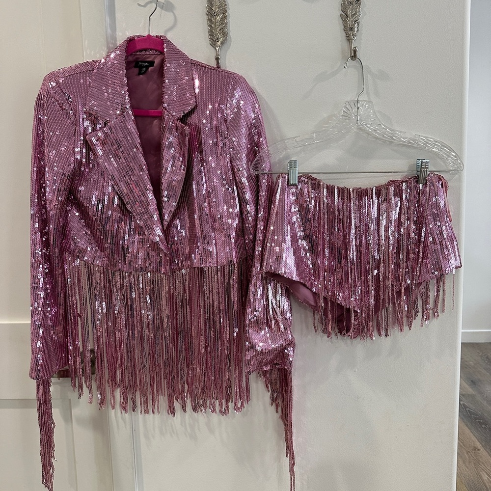 Nasty Gal Pink Sequin Fringe Set - Jacket & Shorts